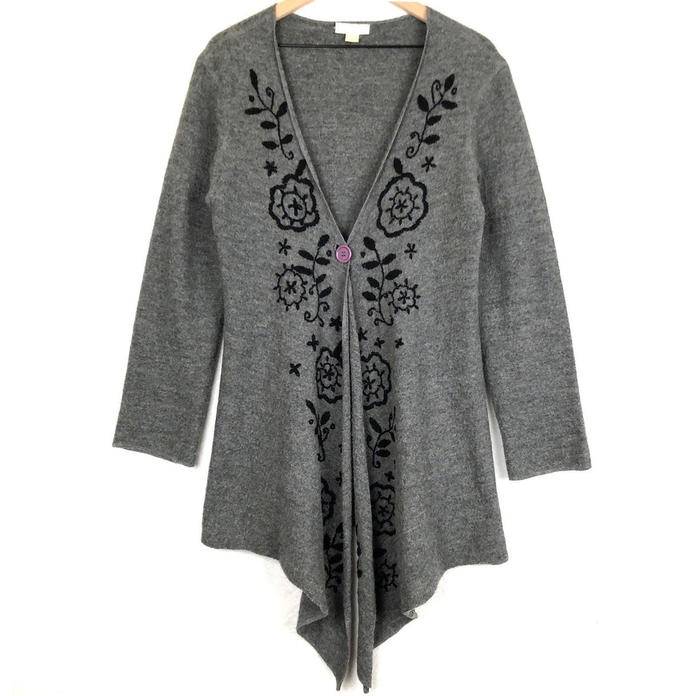 WHITEWASH 100% Wool Embroidered Cardigan Sz L Gray Navy‎ One Button Sweater L/S
